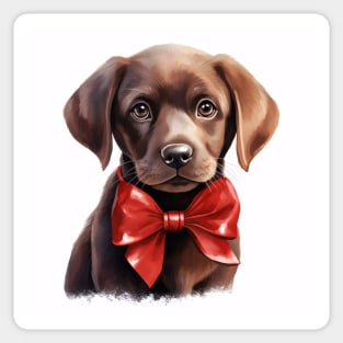 Cute Adorable Chocolate Labrador Retriever Puppy Dog Wearing a Red Bow Tie Sticker